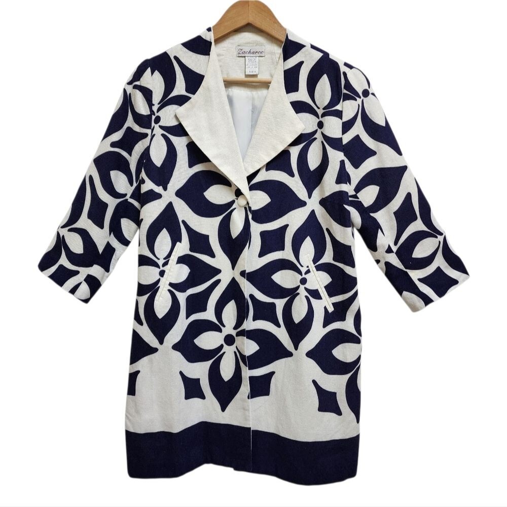Zacharee Coat Womens Size 10 Navy White Floral Linen Blend 3/4 Slv One Button